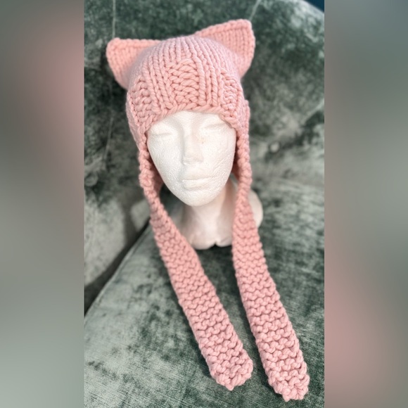 Hand Crafted Accessories - Handmade Hand Crafted Knit Ear Flap Cat Hat Adult Teen size Pink